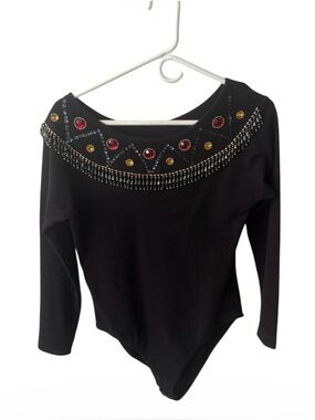 Vintage Instant Action Black Rhinestone Beaded Long-Sleeve Bodysuit